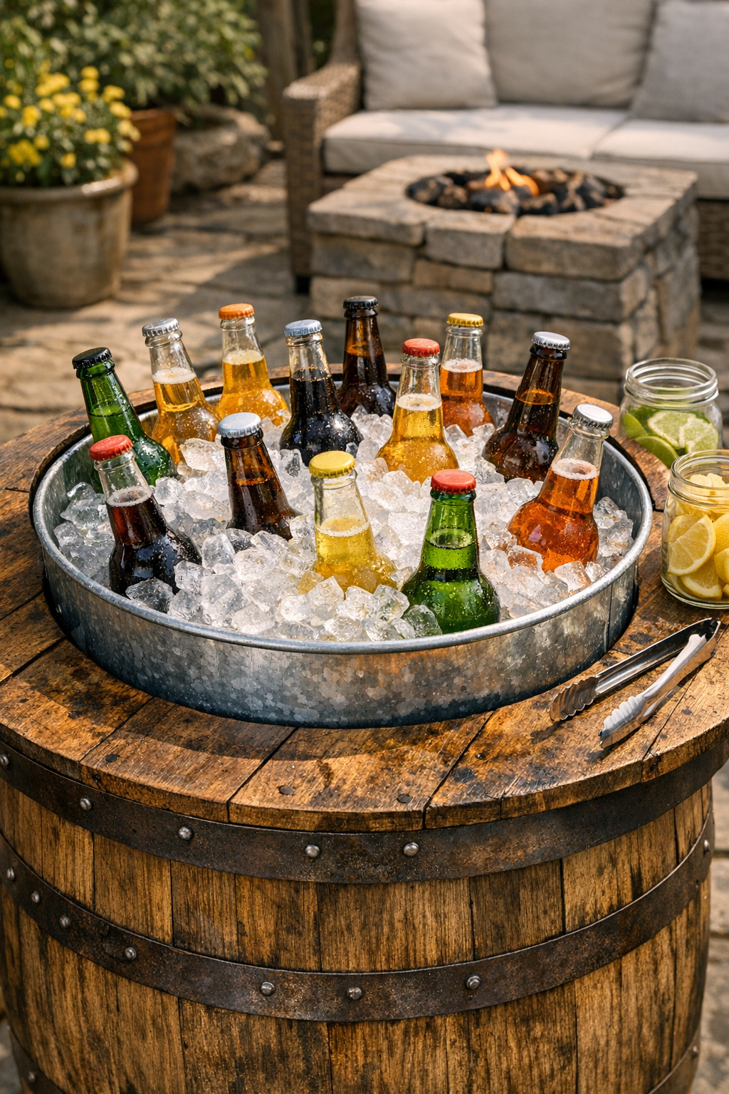 Finished wooden barrel outdoor drink station with galvanized tub