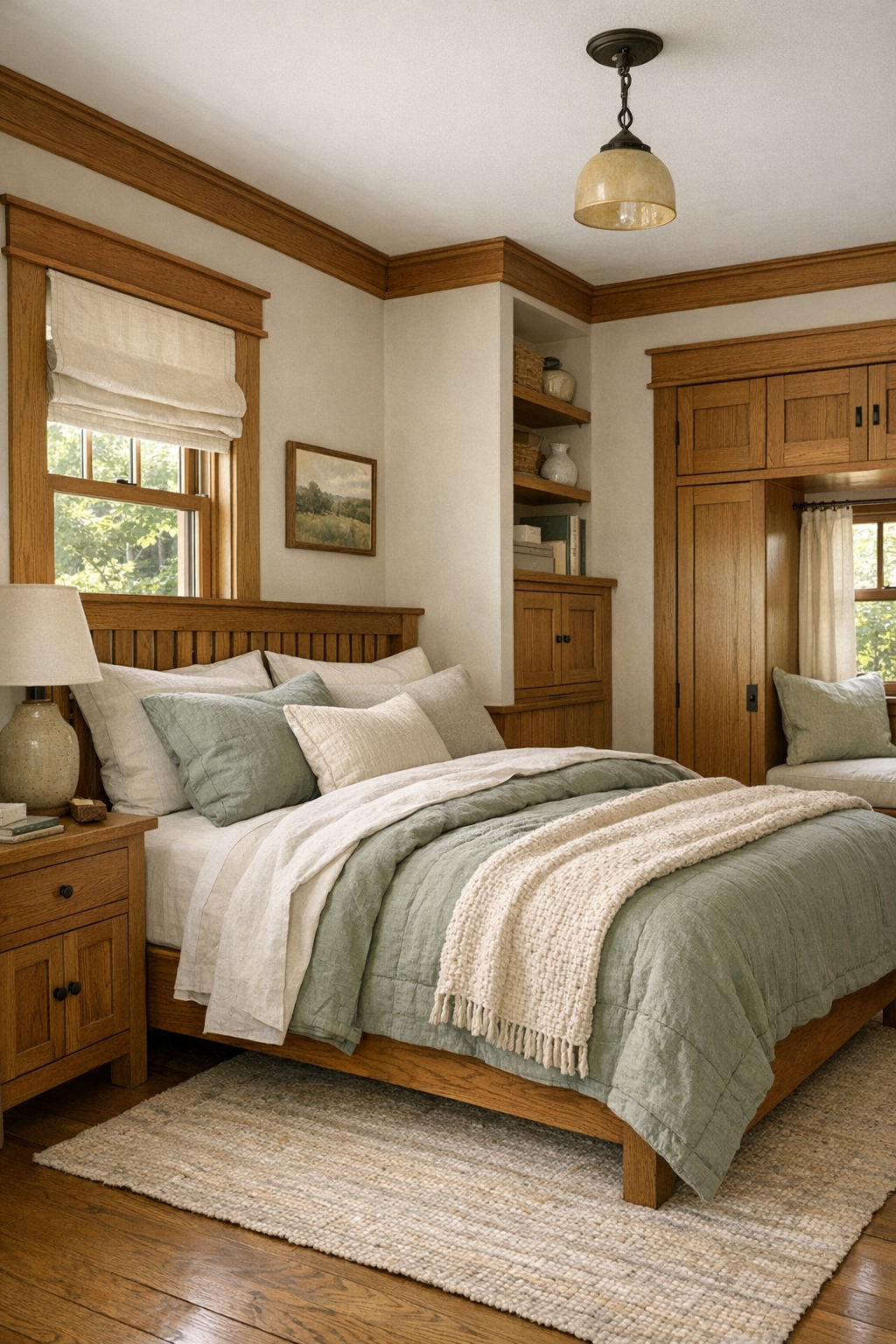 Serene small bedroom with layered bedding, soft colors, and craftsman wood details