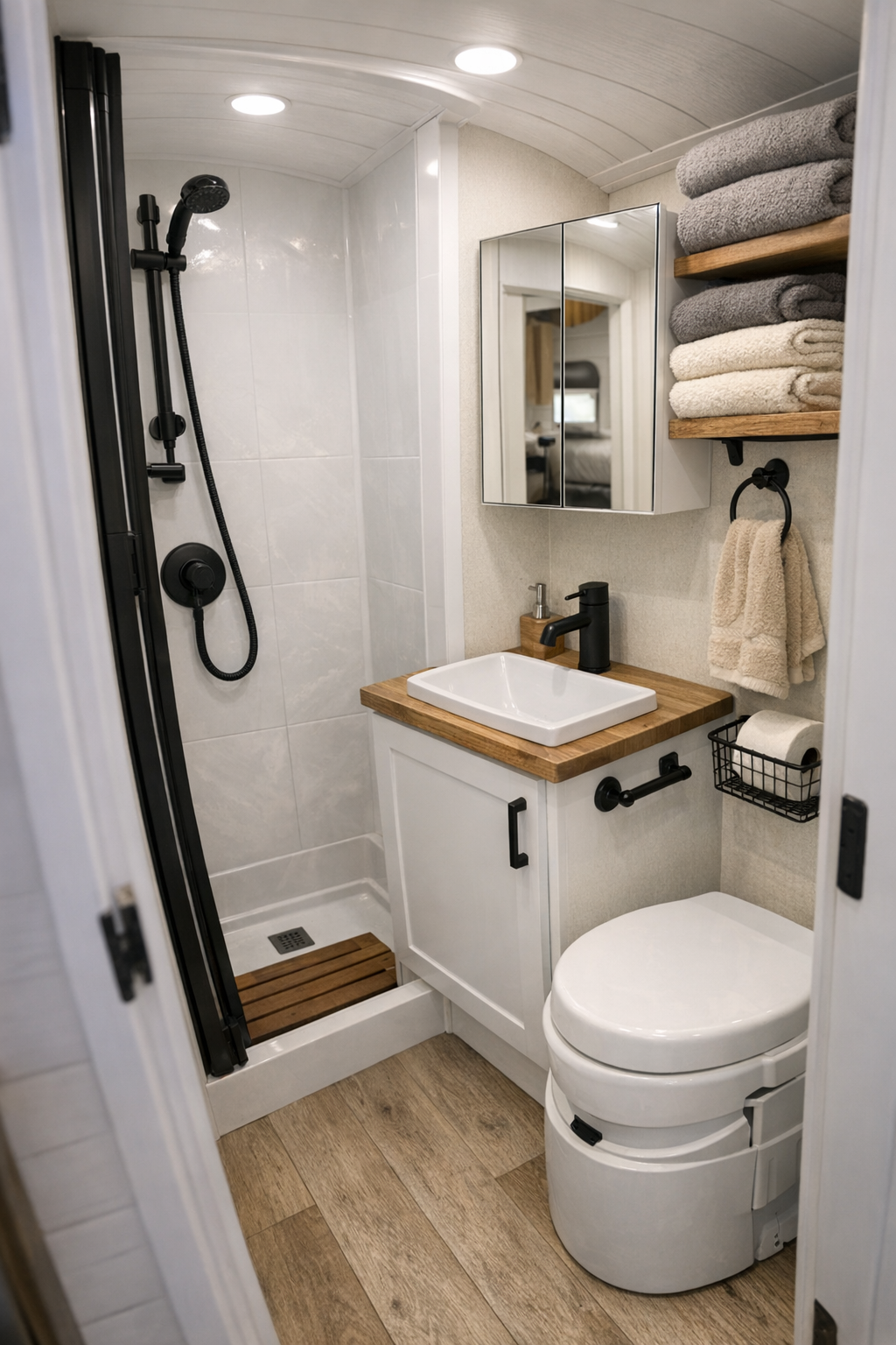 Small bathroom in a converted bus with a compact shower and light neutral finishes