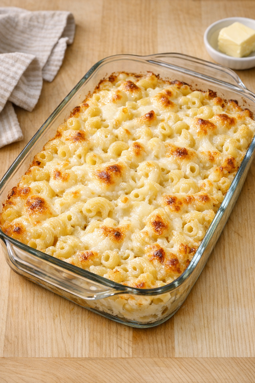 Finished baked mozzarella macaroni in a glass baking dish
