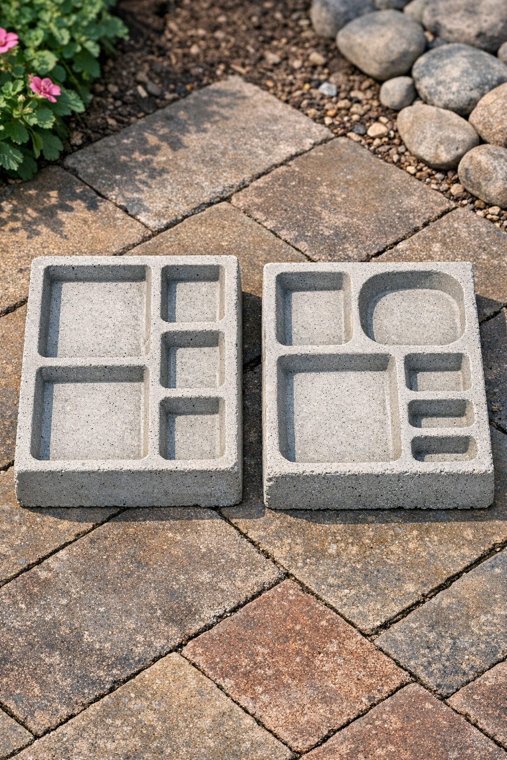 Finished segmented concrete patio blocks made from cafeteria trays
