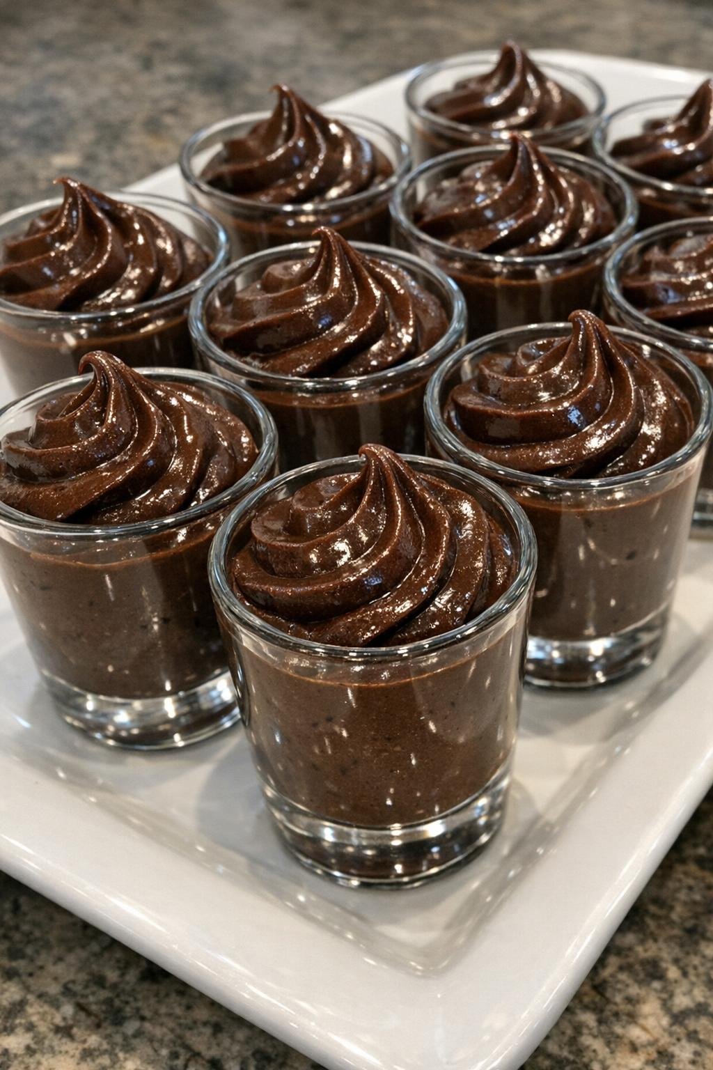 Small glass cups of airy dark chocolate mousse on a white platter