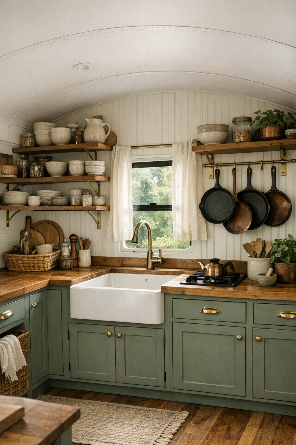 Off-grid bus kitchen with sage cabinets, butcher-block counters, and apron-front sink