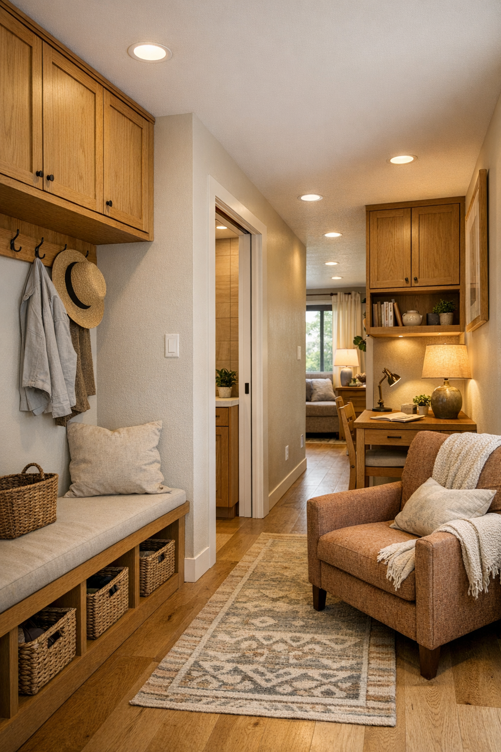 Bright flex area and hallway with built-in storage, bench, and warm modern finishes