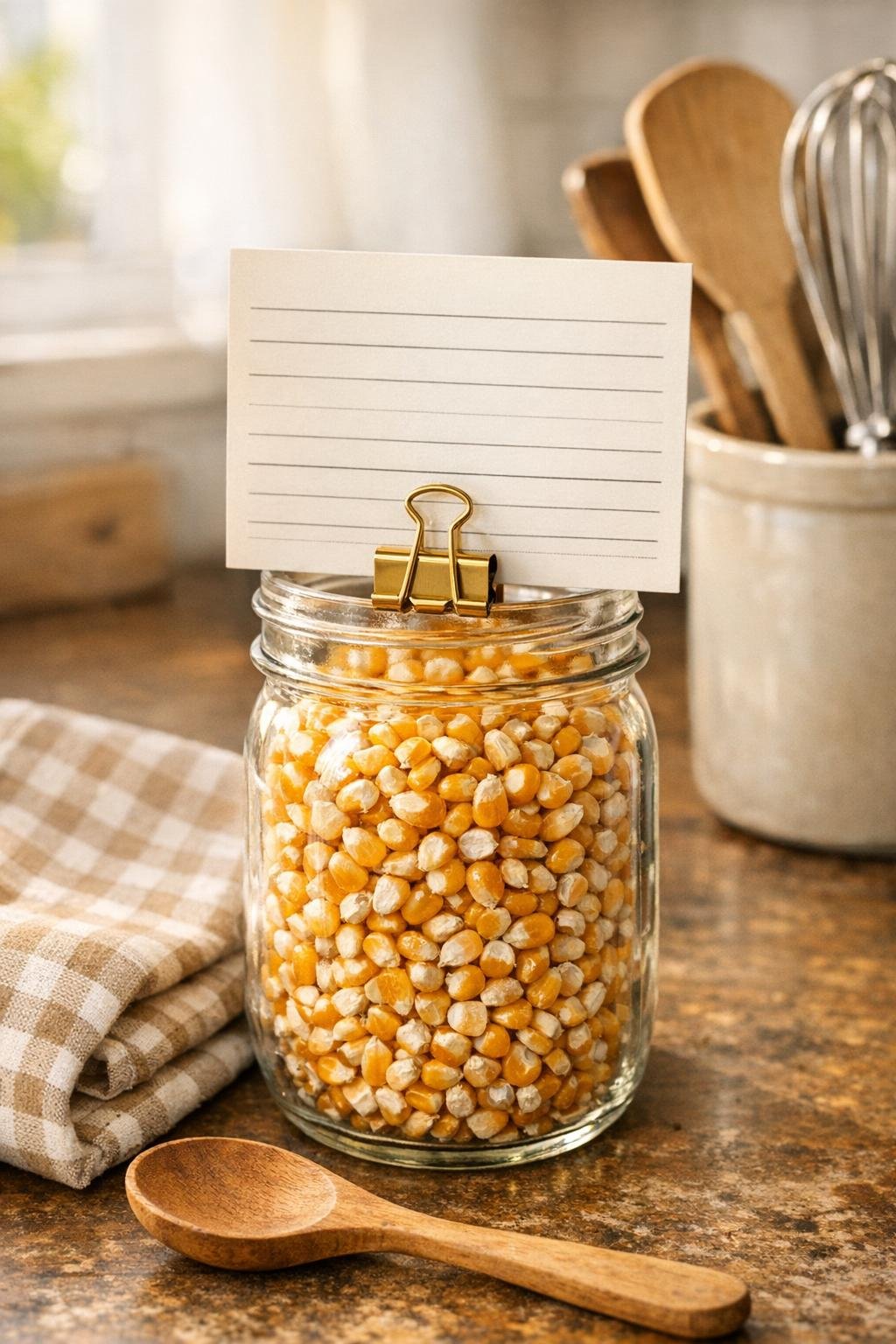 Finished mason jar recipe card holder on a kitchen counter
