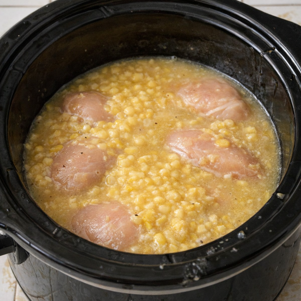 Chicken and cream corn layered in a slow cooker