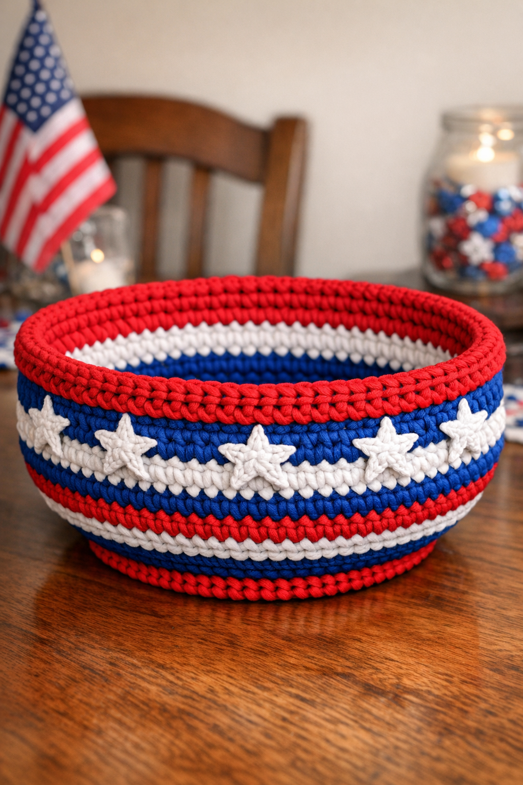 Finished patriotic crochet centerpiece bowl made from a metal light fixture shade