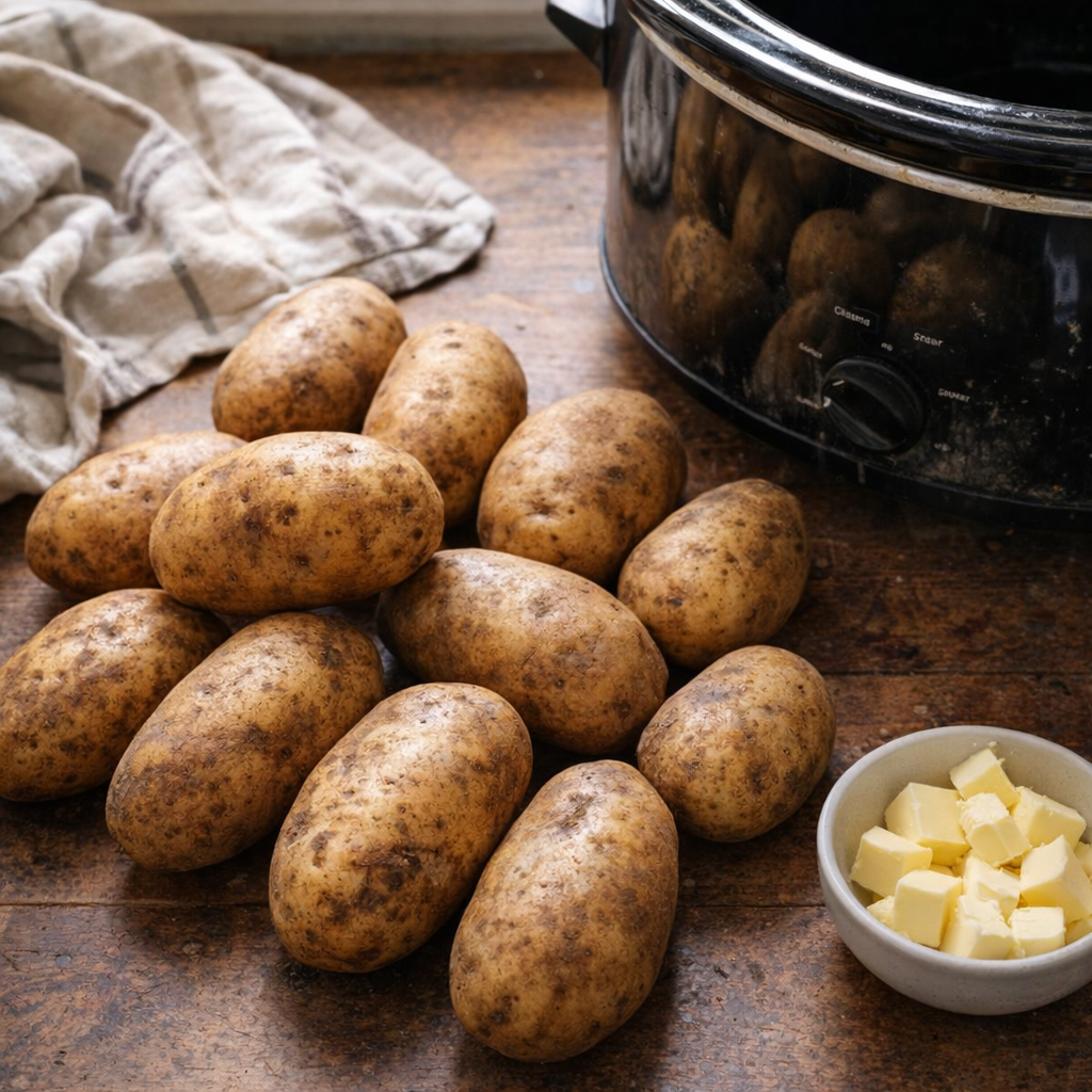 Russet potatoes and crock pot on a farmhouse counter