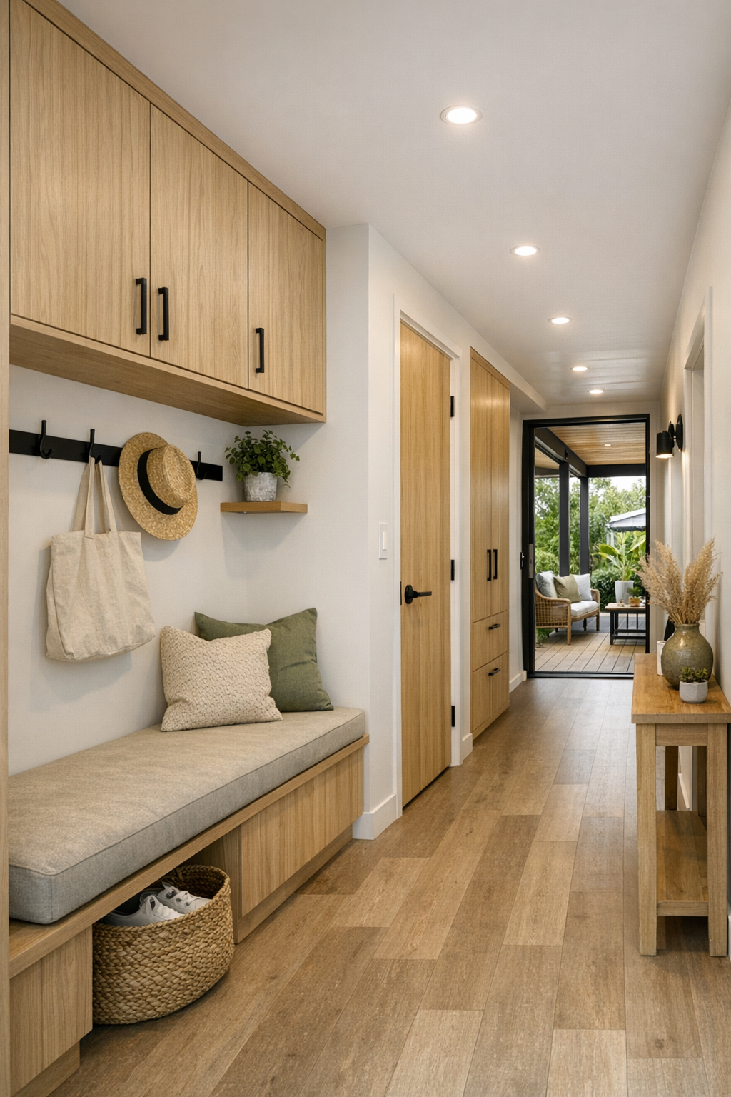 Bright entry and transition space with built-in bench, storage, and warm modern finishes