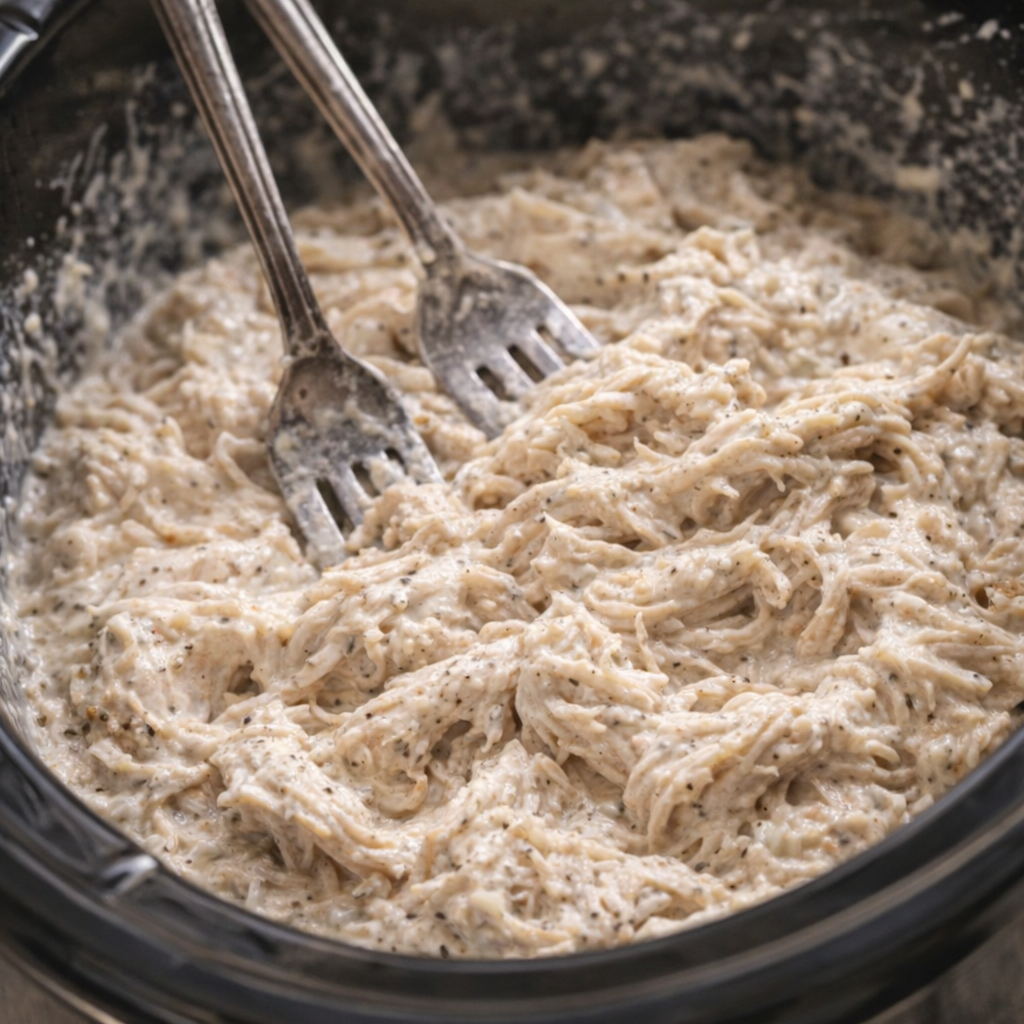 Shredded creamy chicken inside the slow cooker