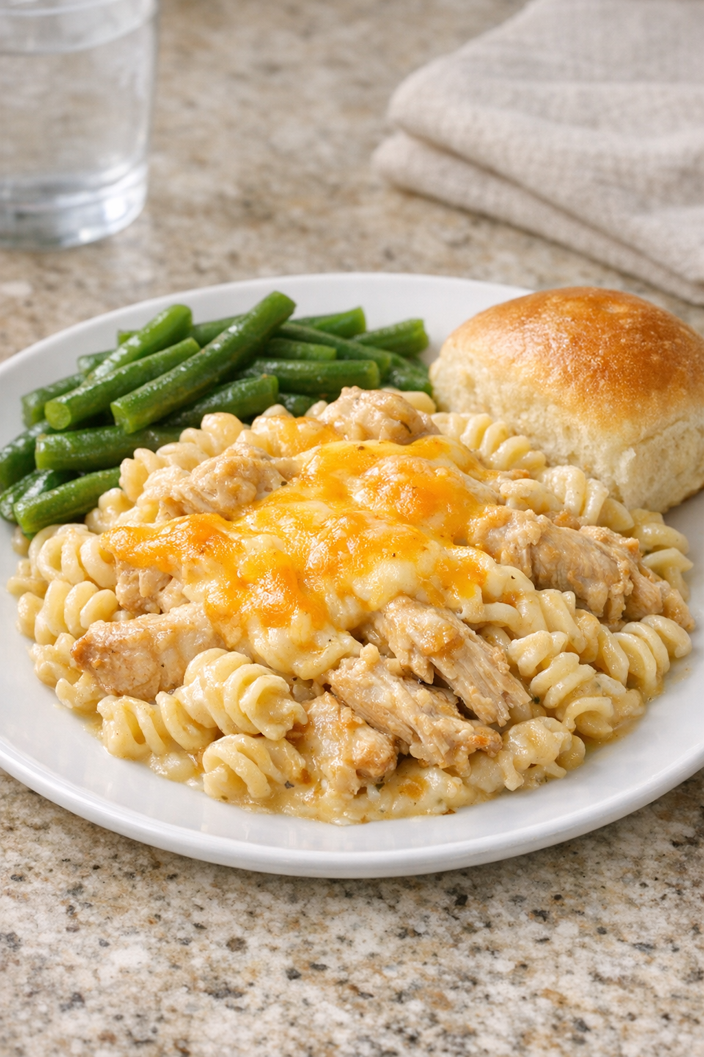 Finished plated Colby chicken pasta