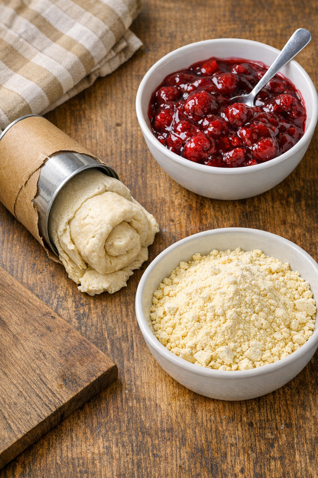 Pizza dough, raspberry filling, and cake mix ingredients