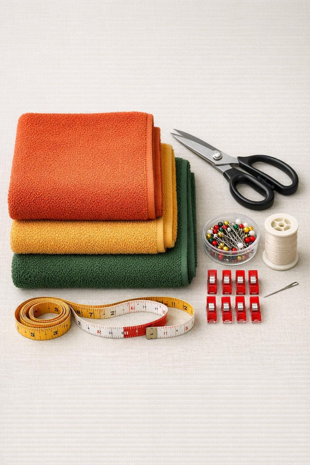 Old bath towels and sewing supplies laid out for making a braided rug