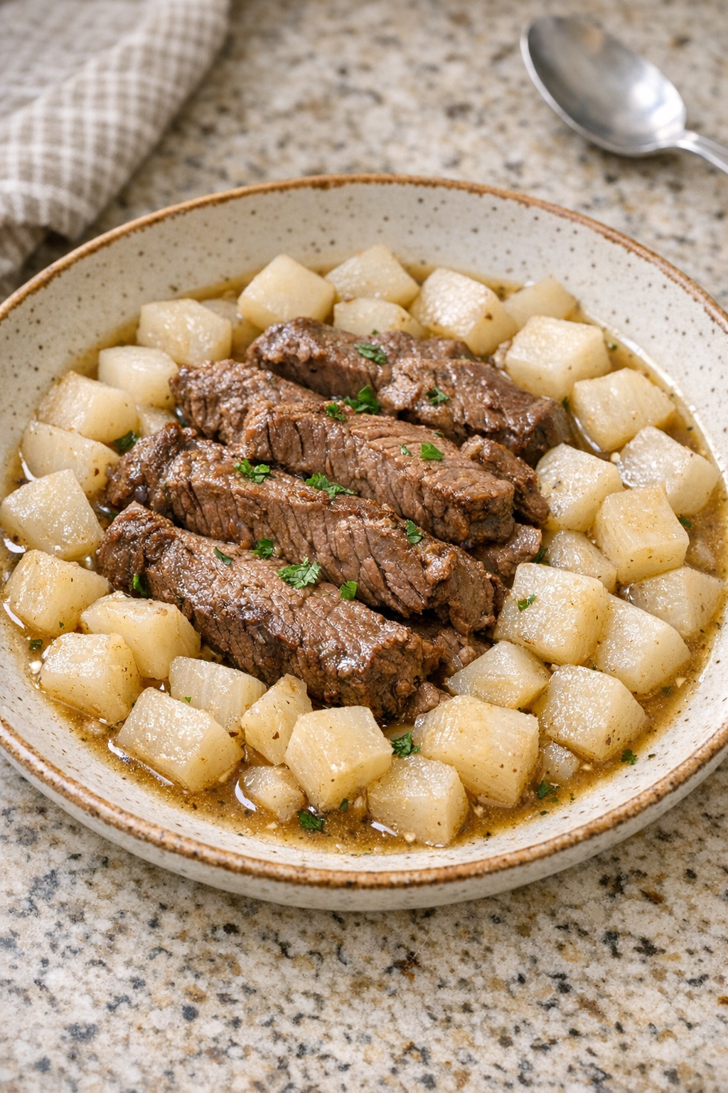 Finished Amish turnip beef plated in a rustic bowl
