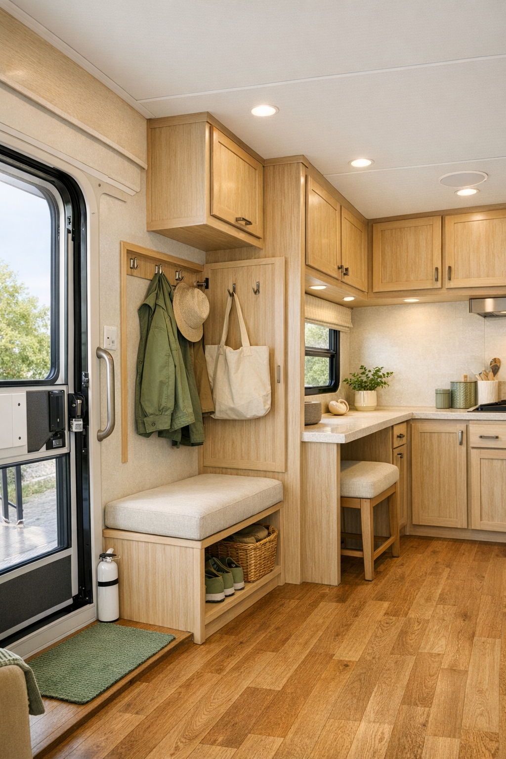 Accessible RV entry and utility area with pale wood storage and warm oak flooring