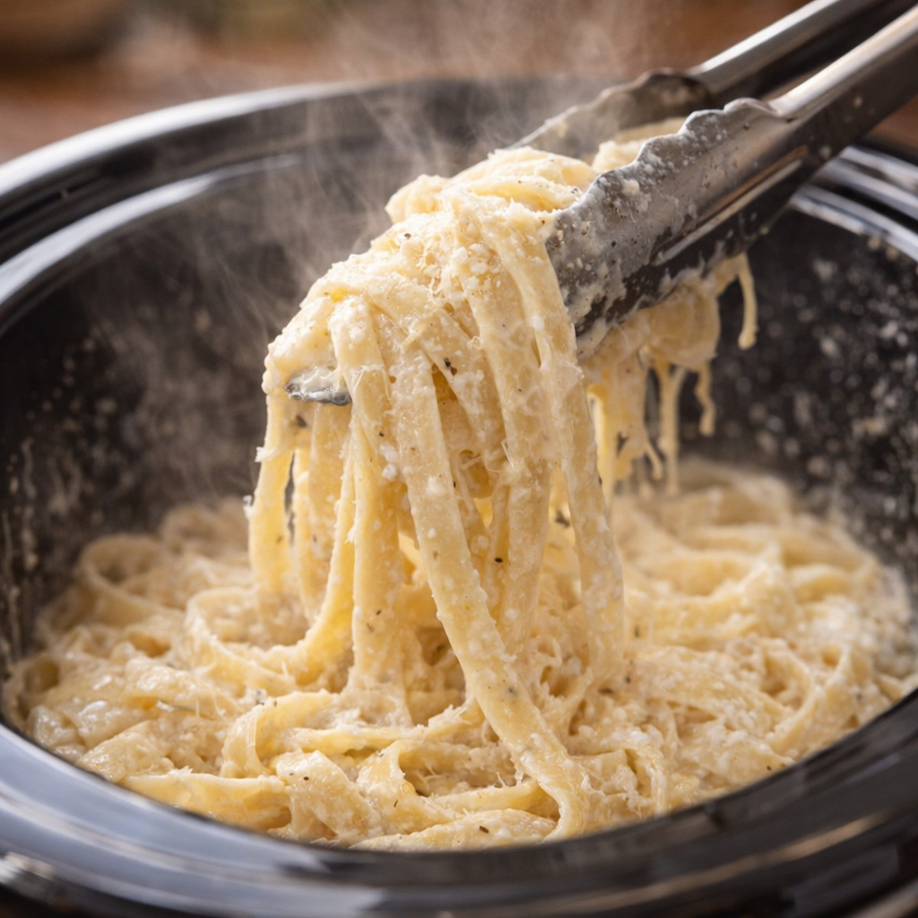 Finished fettuccine being tossed with Parmesan