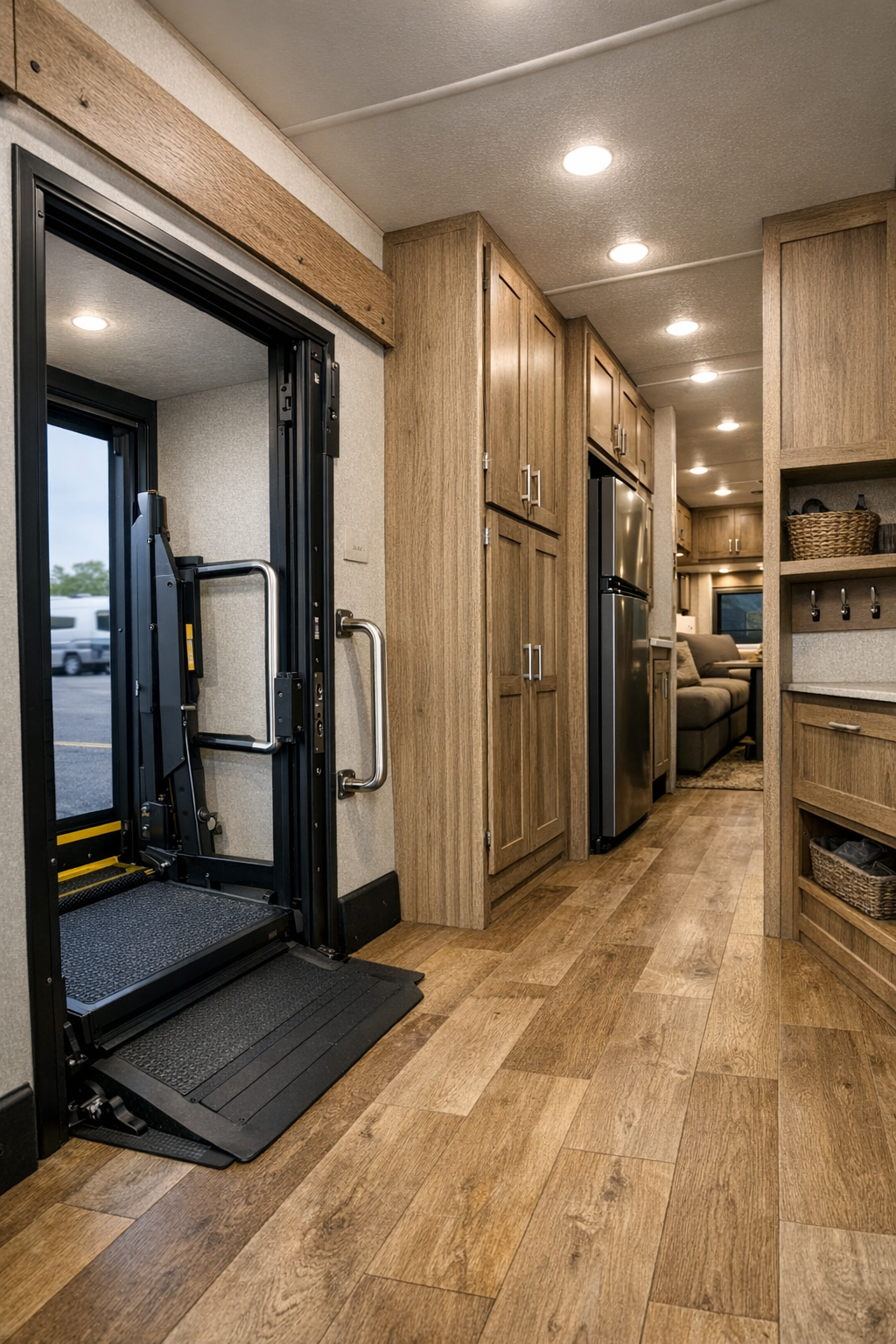 Accessible RV entry and hallway with clear passage, vertical storage, and durable flooring