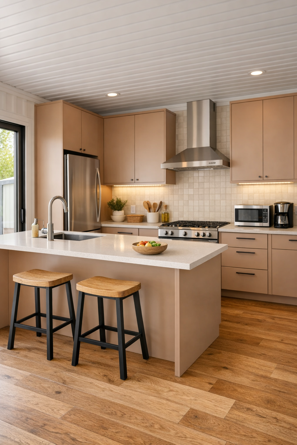 Accessible kitchen with clay-beige cabinets and quartz counters