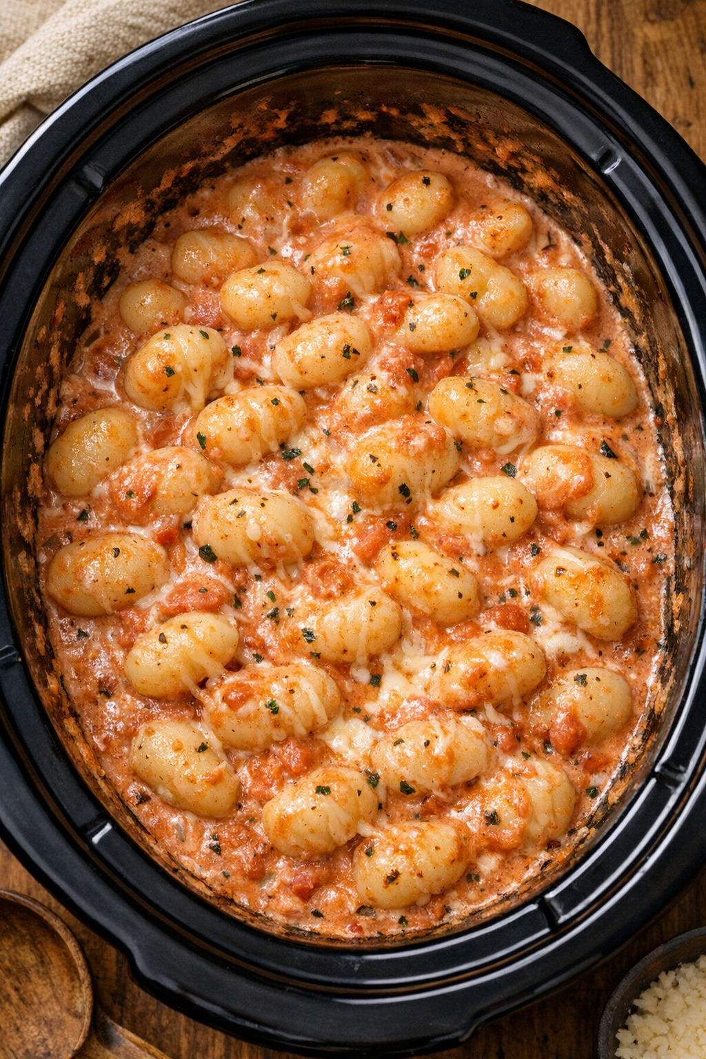Cooked creamy gnocchi in slow cooker