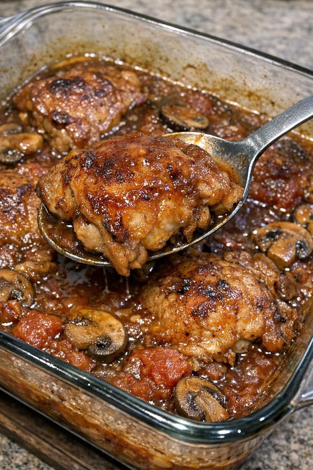 Braised chicken in mushroom and tomato sauce in a glass baking dish