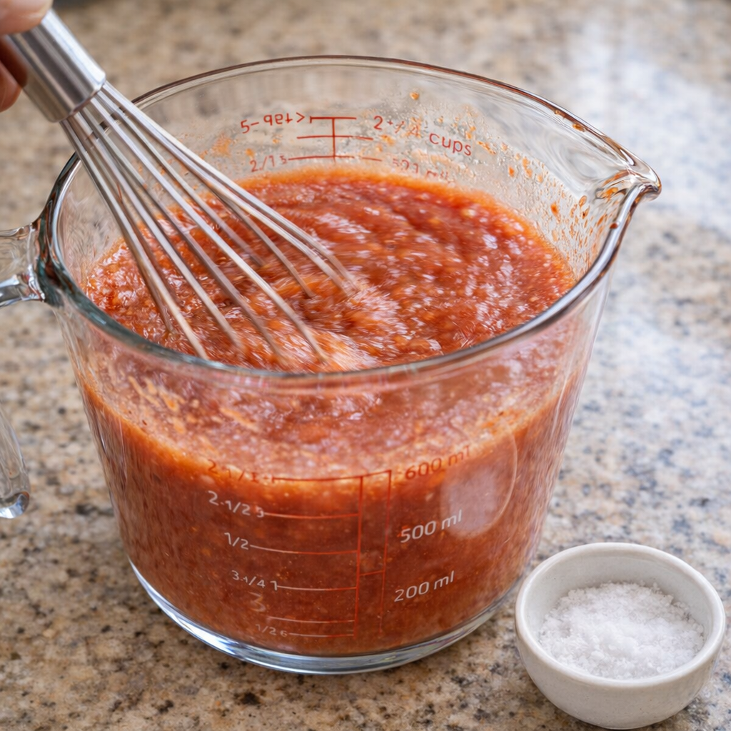 Tomato sauce and broth whisked together in a measuring cup