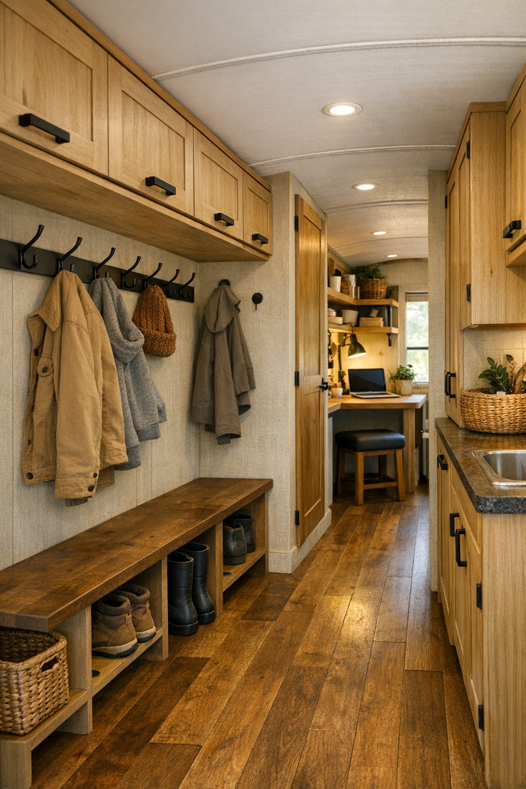 Bus interior hallway and utility nook with built-in storage and cohesive rustic finishes
