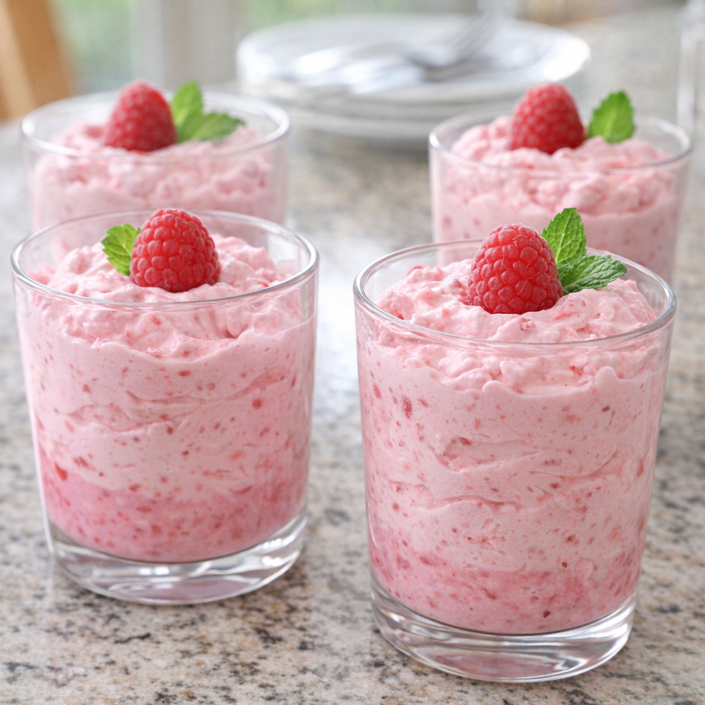 Individual raspberry fluff servings in small clear glasses