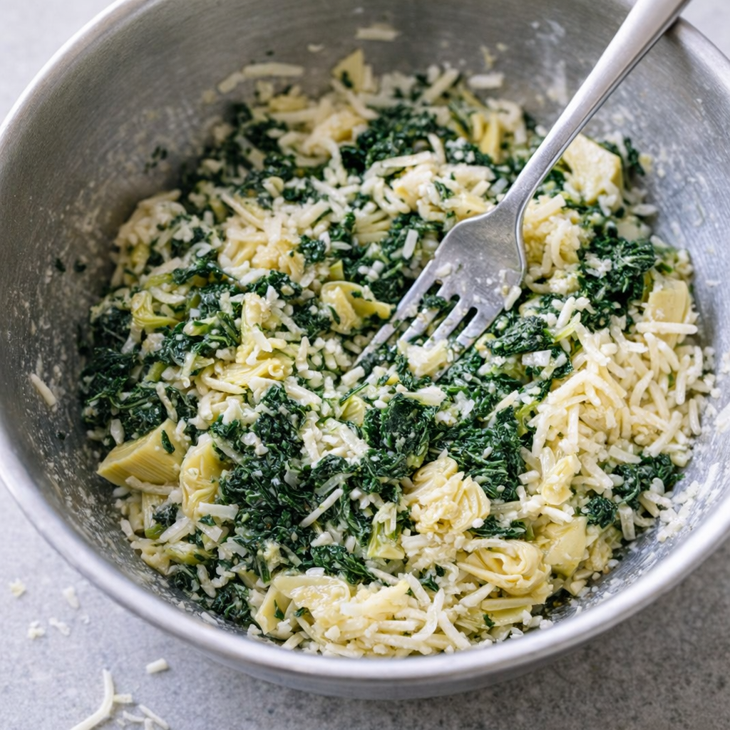 Spinach artichoke mixture being combined in a bowl