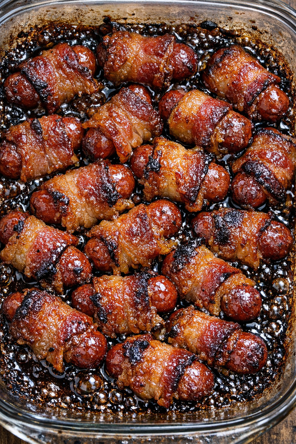Southern 3-ingredient brown sugar smokies in a glass casserole dish