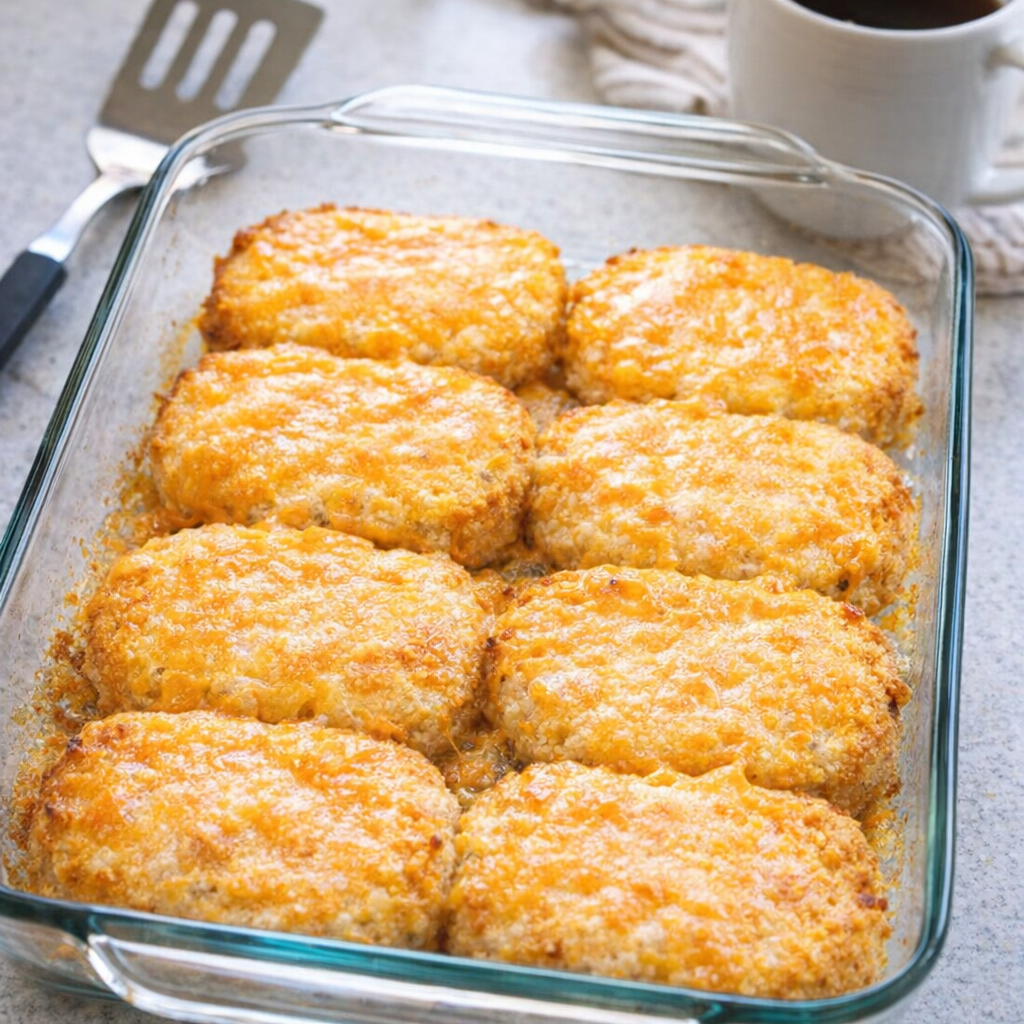 Glass baking dish of cheesy hash brown patties on a kitchen counter