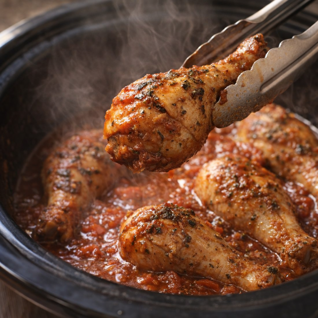 Cooked chicken legs being lifted from the slow cooker with tongs