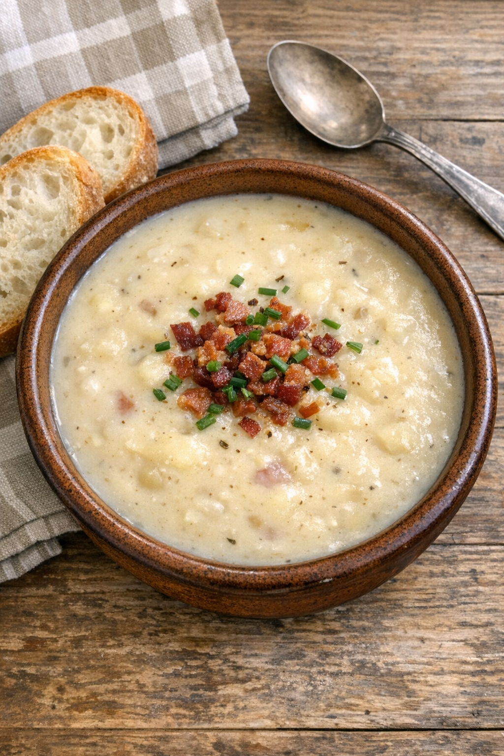 Finished creamy potato soup in rustic brown bowl