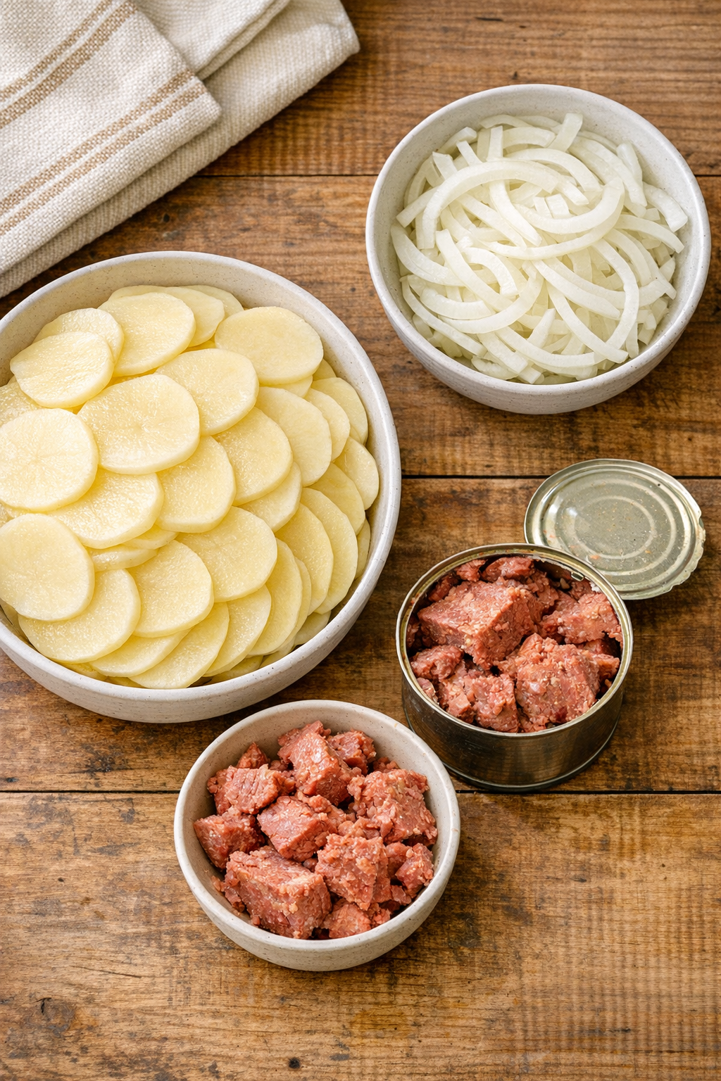 Sliced potatoes, onions, and canned corned beef ingredients