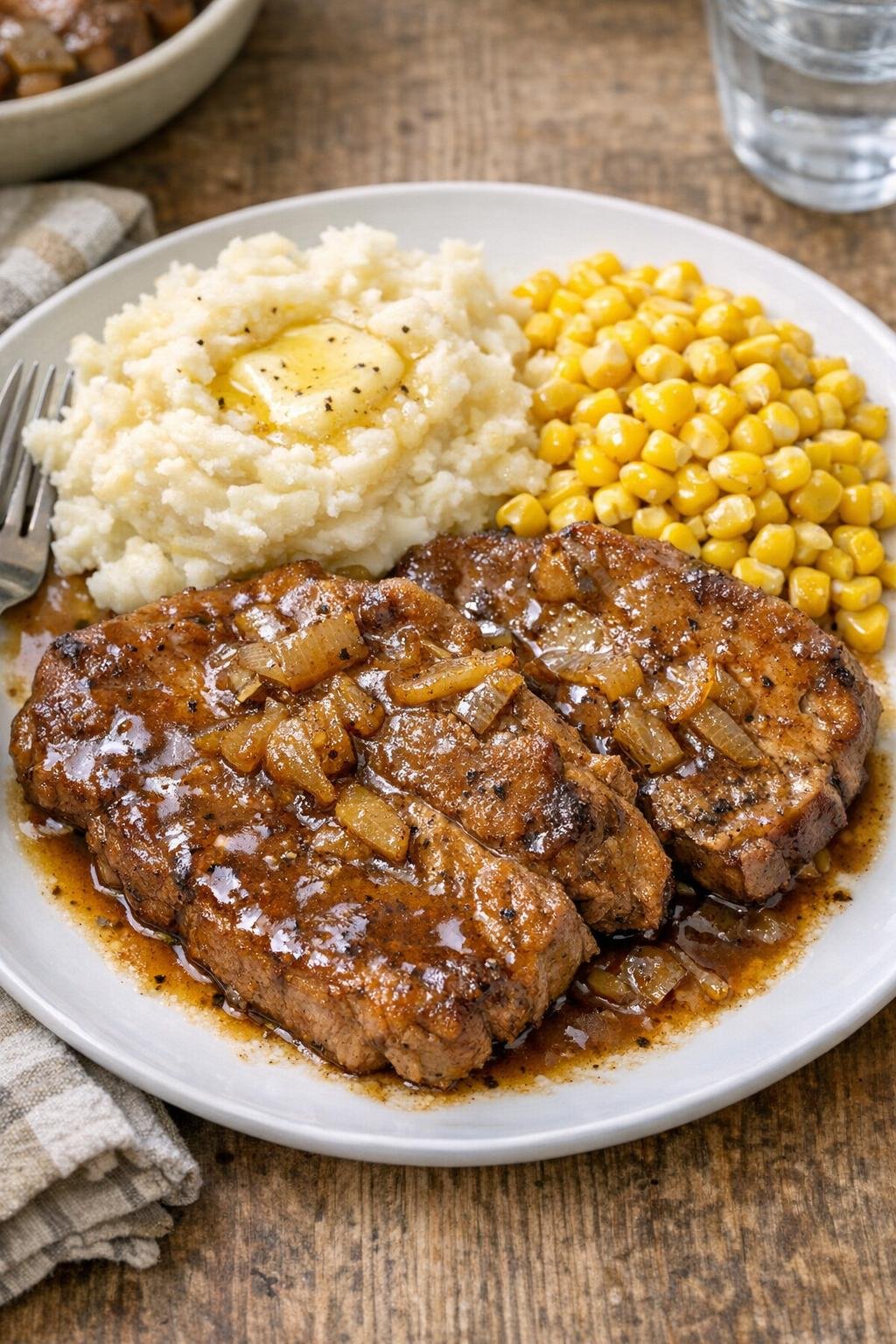 Finished slow cooker pork blade steaks plated with sauce