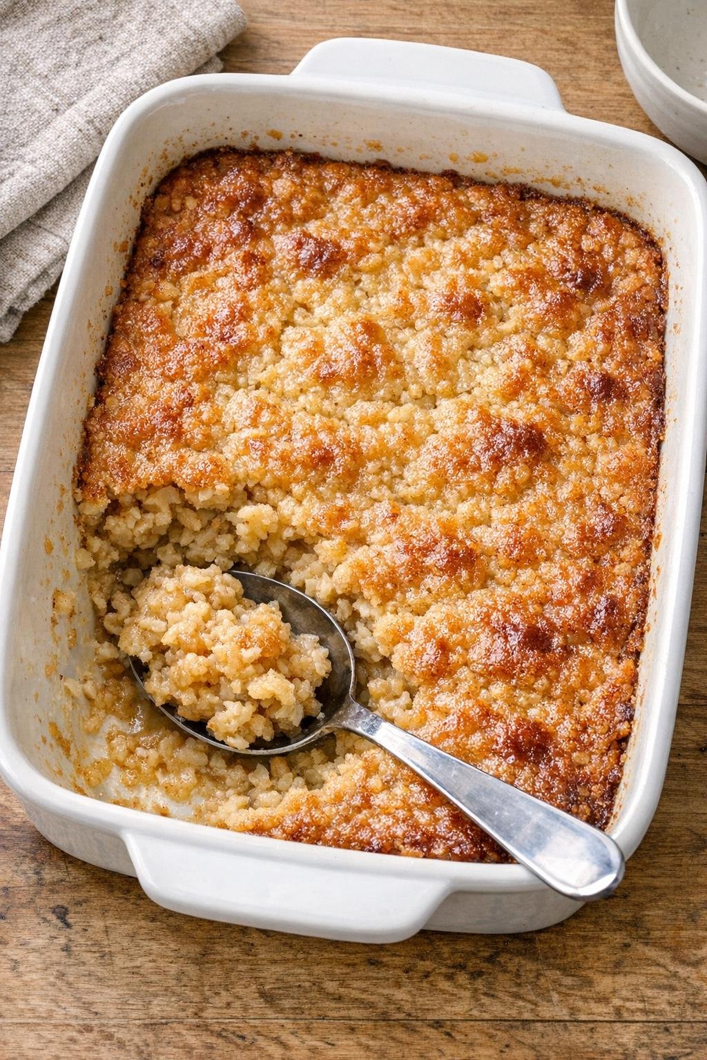 Finished baked oat dessert in a ceramic casserole dish