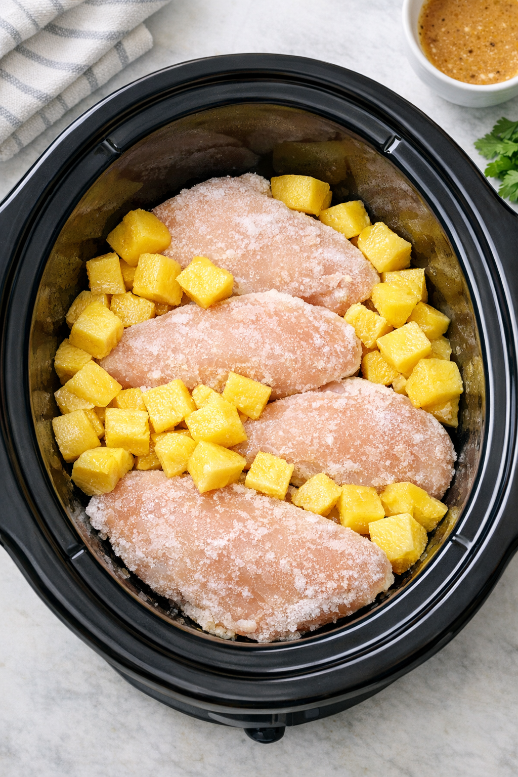 Frozen chicken cutlets arranged in a slow cooker