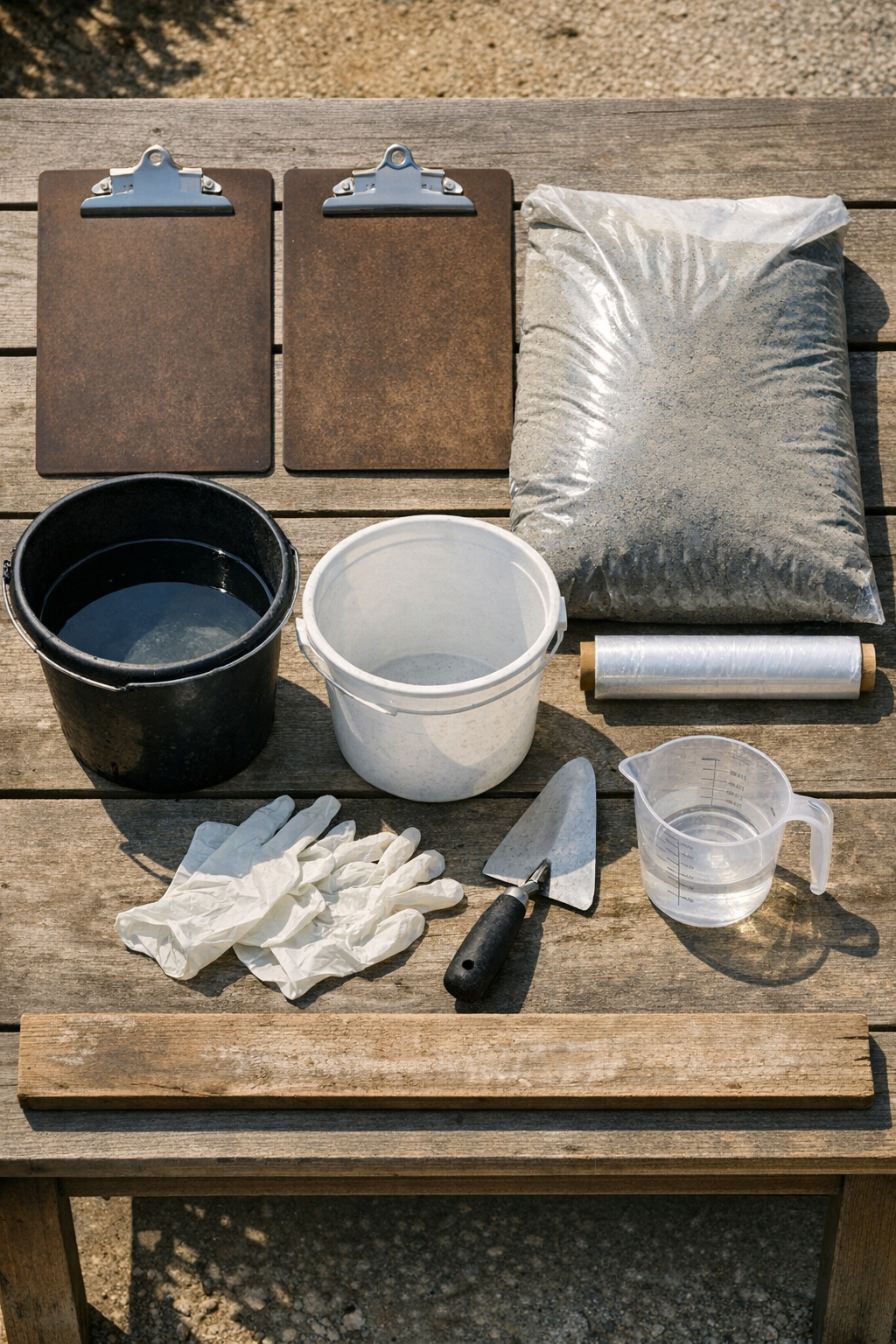 Materials for making cement garden slabs laid out on a work surface