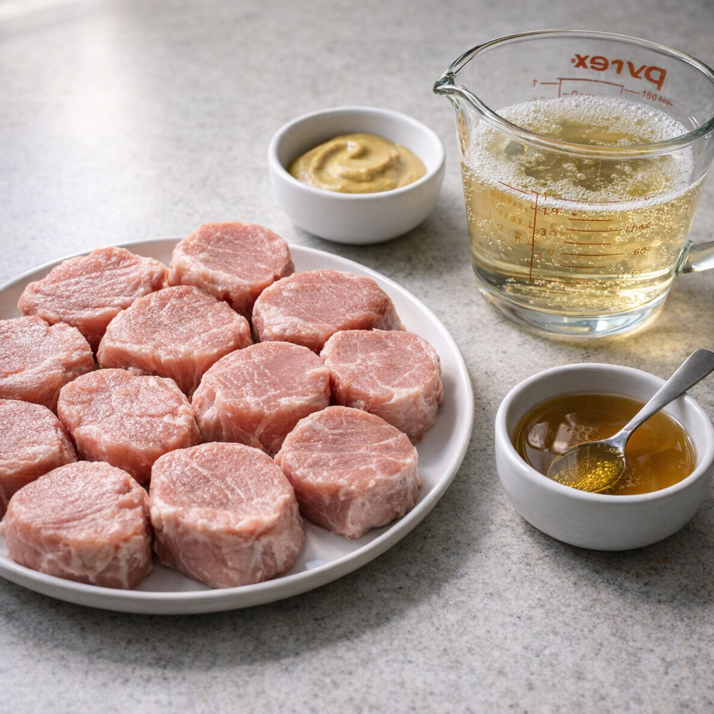 Measured ingredients for champagne glazed pork on a kitchen counter