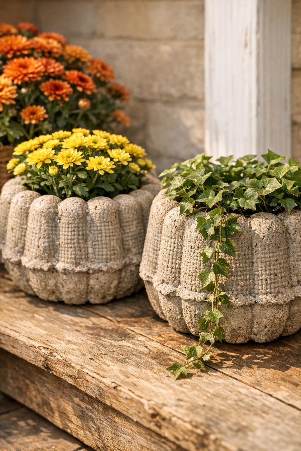 Finished pair of burlap-textured concrete harvest planters