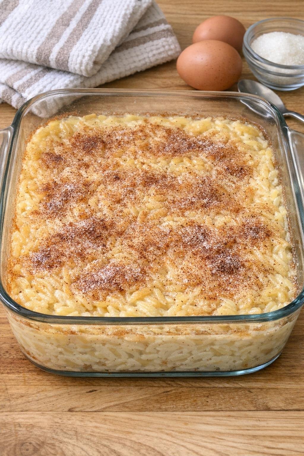 Finished baked sweet orzo dessert in a glass baking dish