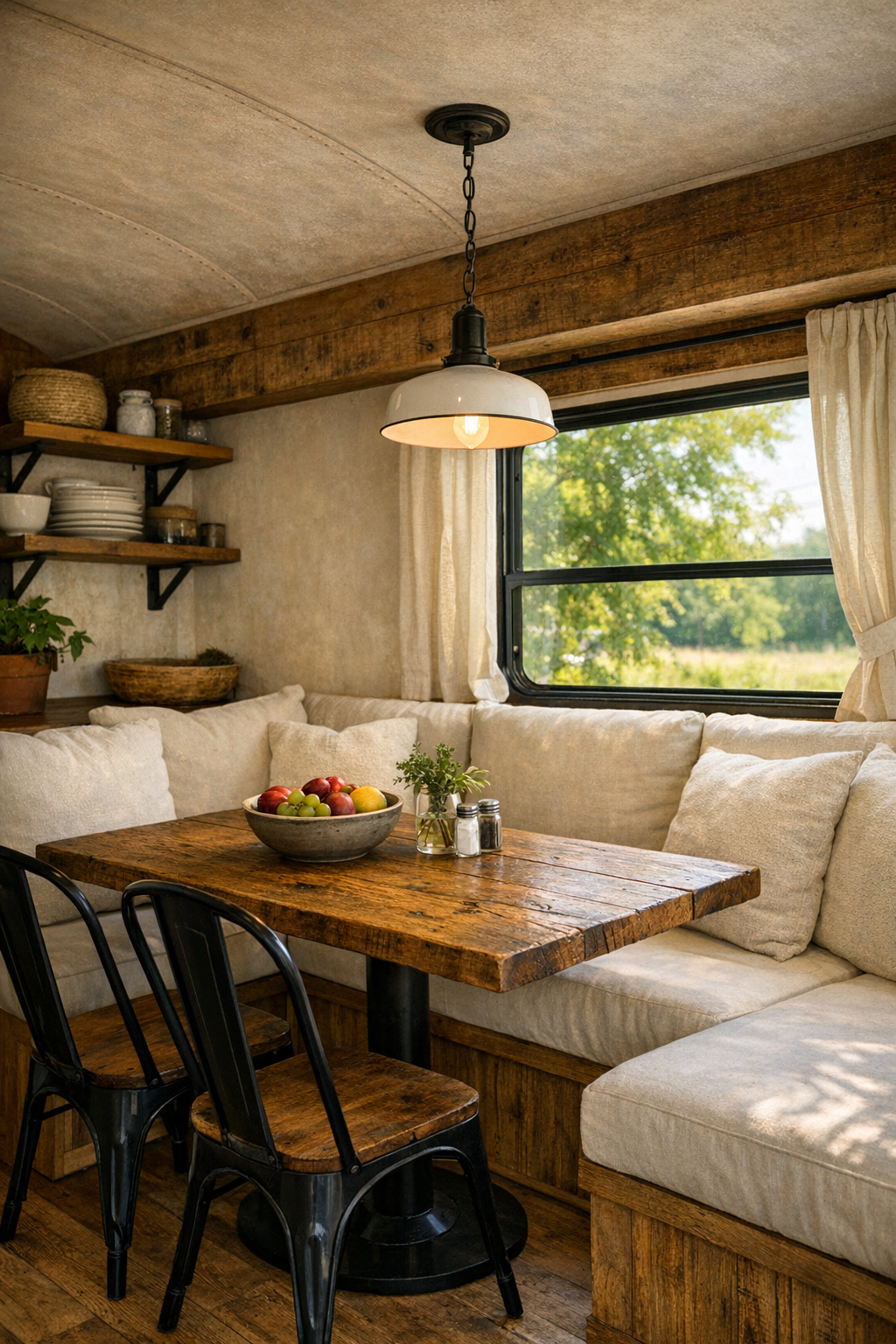 Cozy bus dining nook with banquette seating and reclaimed wood table