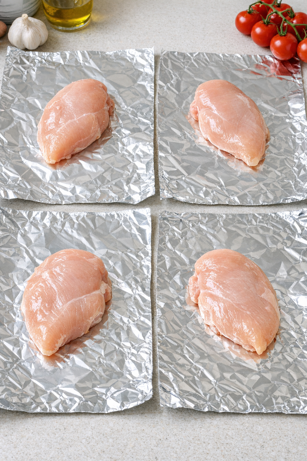 Raw chicken breasts centered on foil sheets
