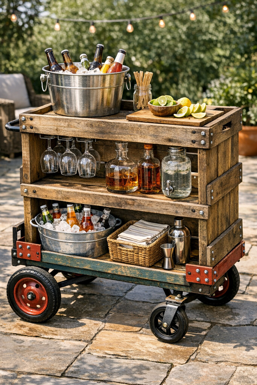 Finished DIY outdoor bar cart made from weathered wooden crates on a painted vintage wagon frame