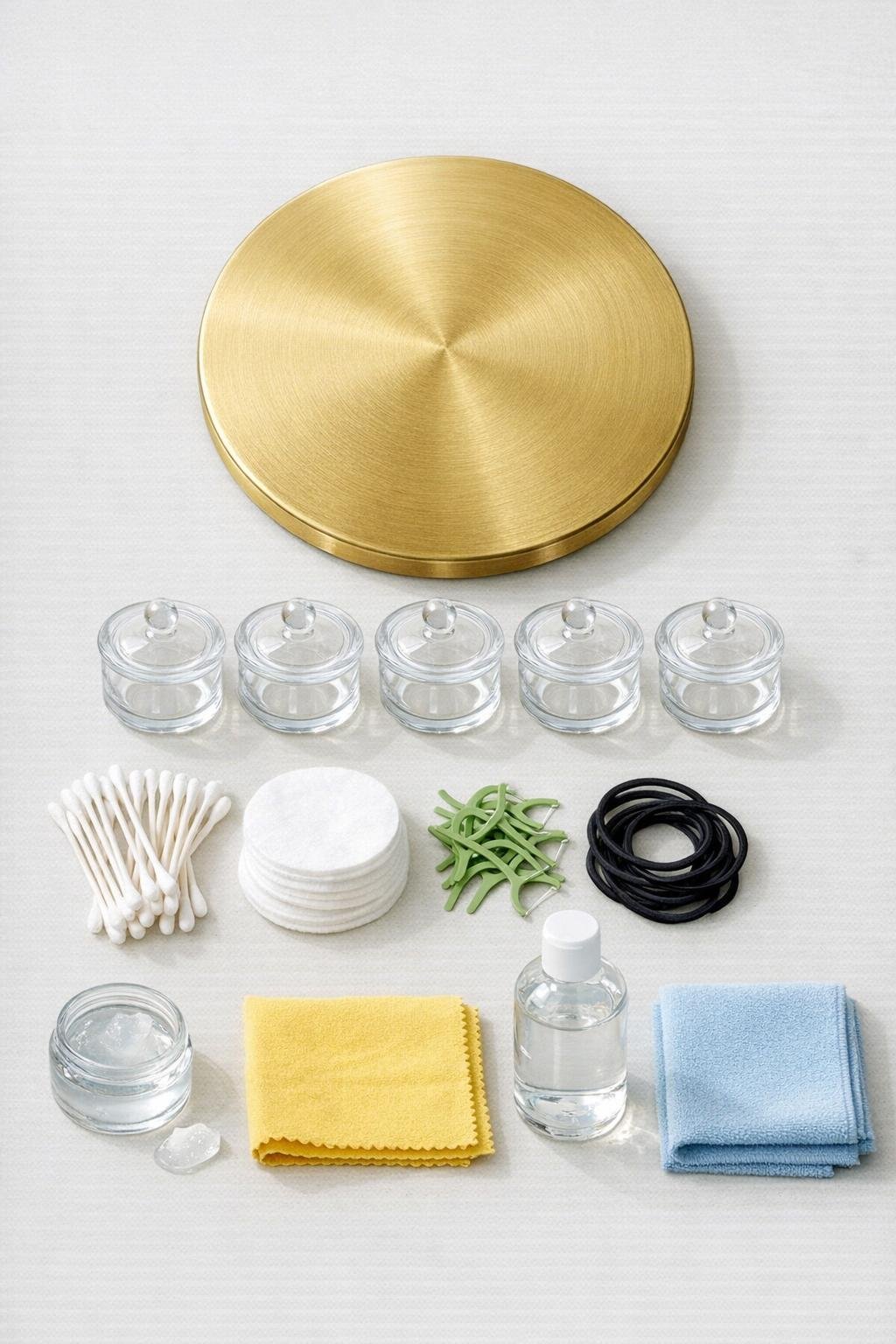 Materials for a bathroom cotton swab station laid out neatly