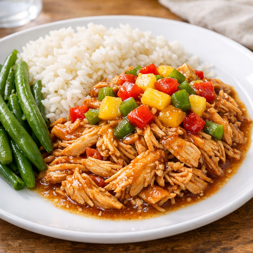 Finished plated slow cooker chicken with colorful sauce