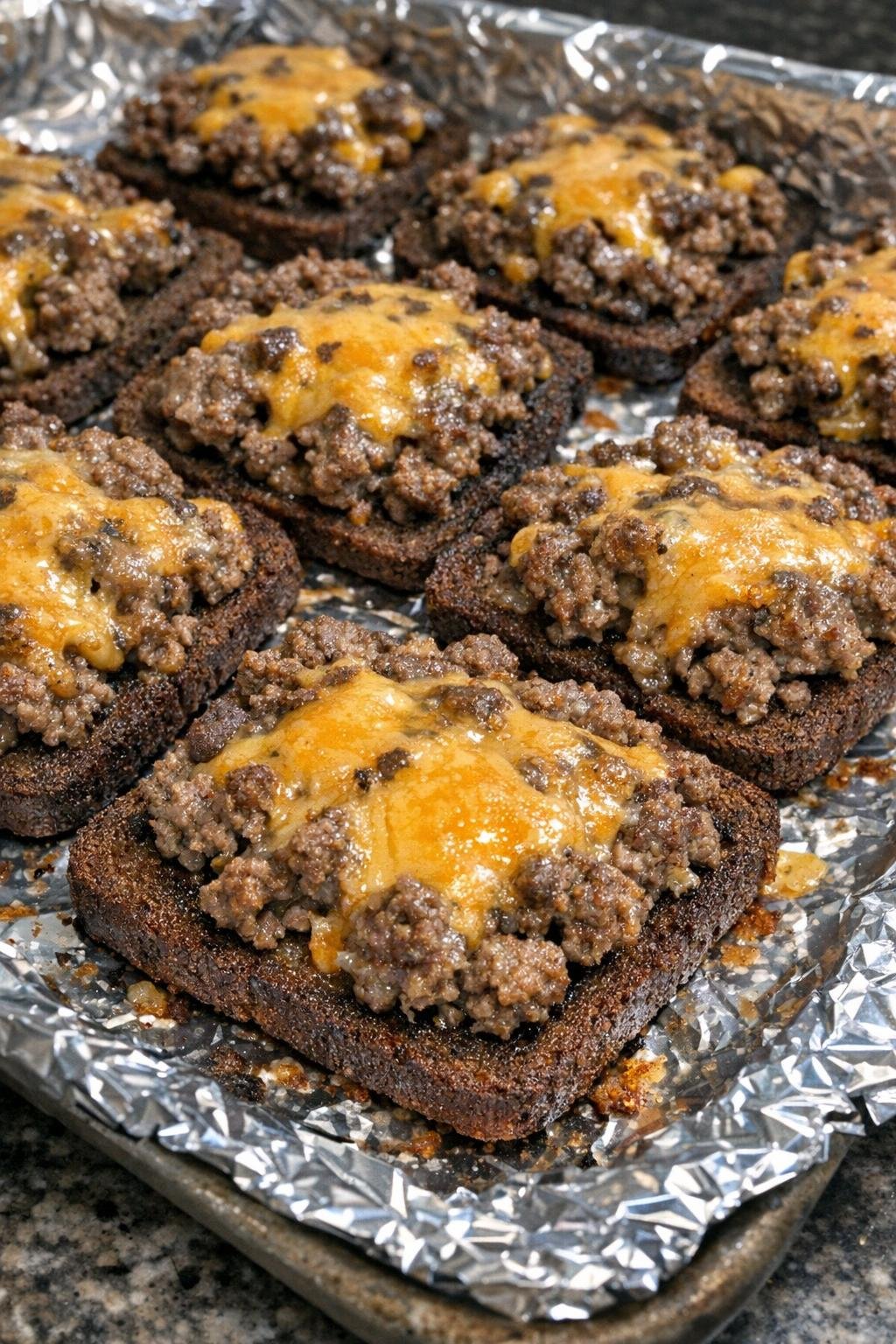 Oven baked beef rye toasts on a foil-lined baking sheet