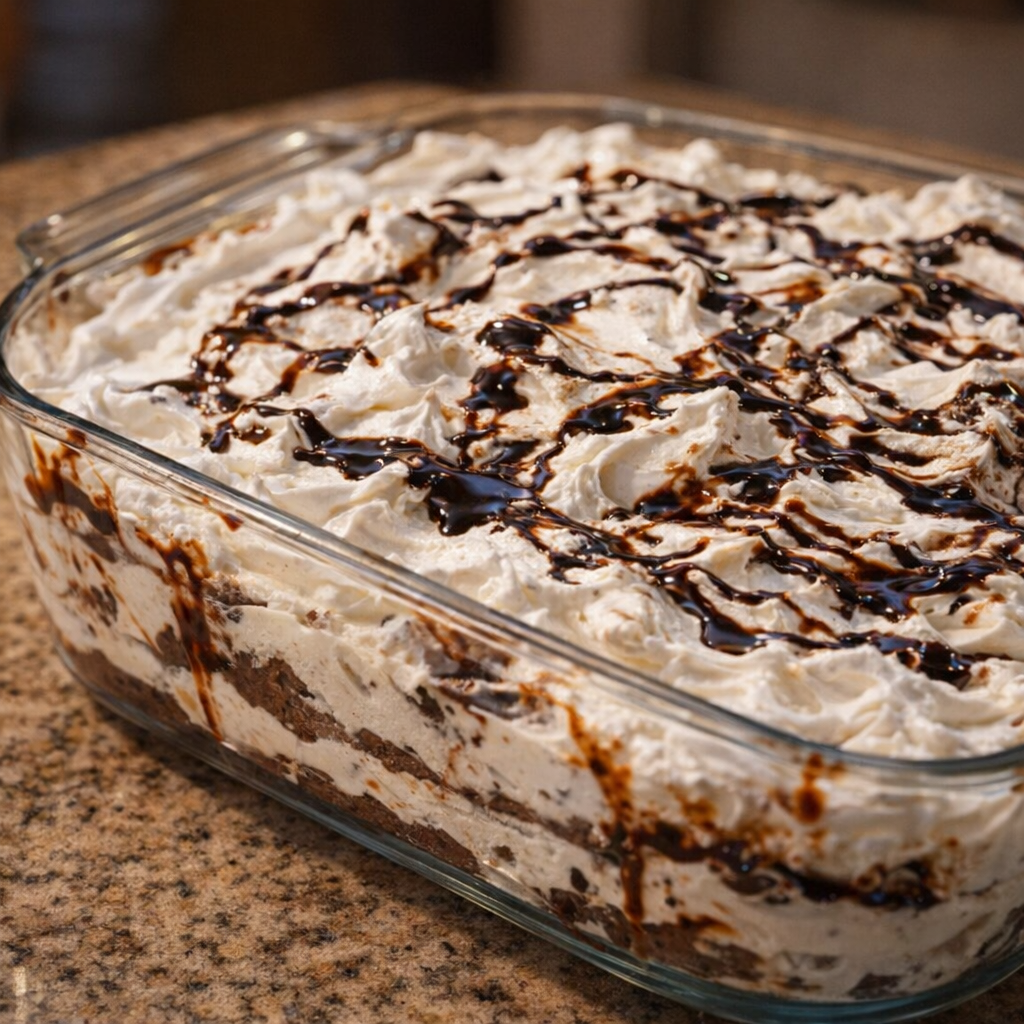 Finished uncut cake with whipped topping swirls and chocolate drizzle