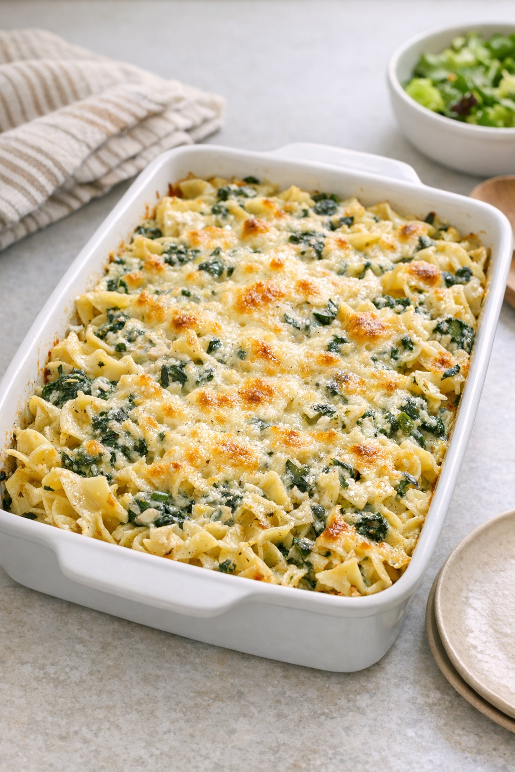 Finished baked spinach artichoke egg noodles in a casserole dish