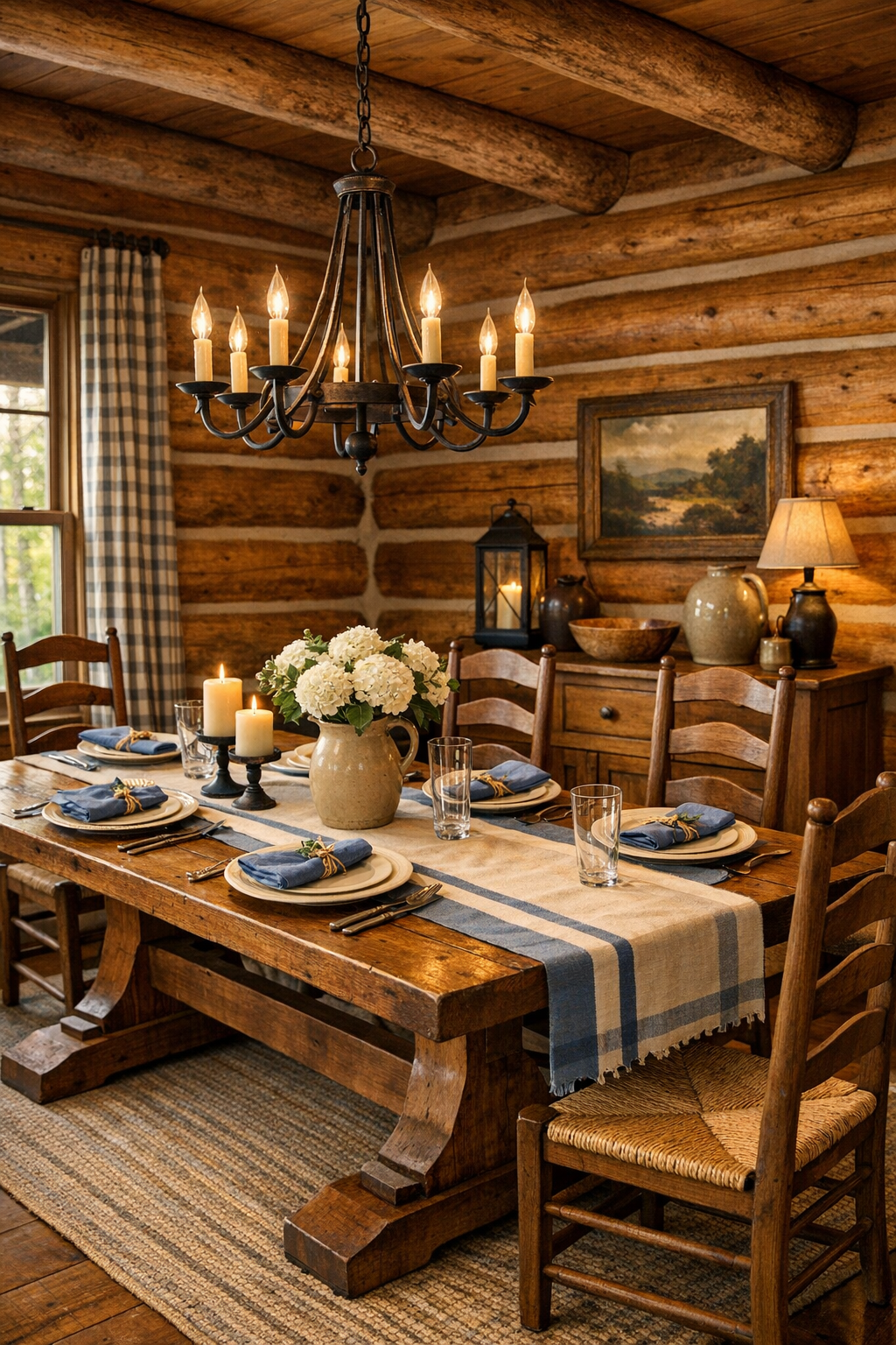 Handcrafted dining room with solid wood trestle table, ladder-back chairs, and warm log walls