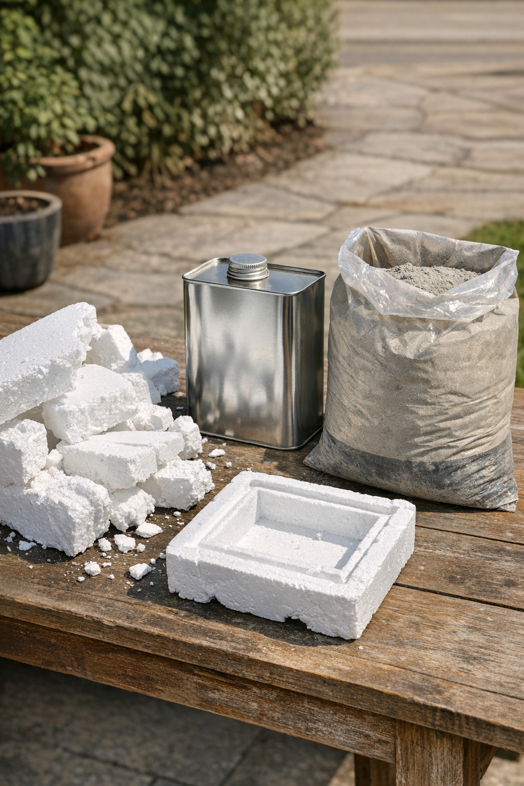 Broken Styrofoam coolers, acetone, and cement laid out for the project